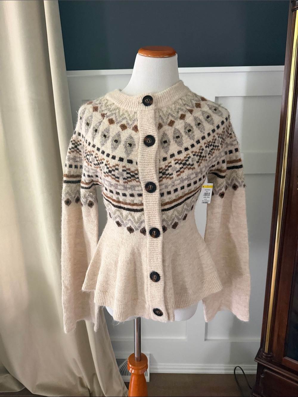 🎉Blank NYC Cream Fair Isle Button-Front Peplum Cardigan